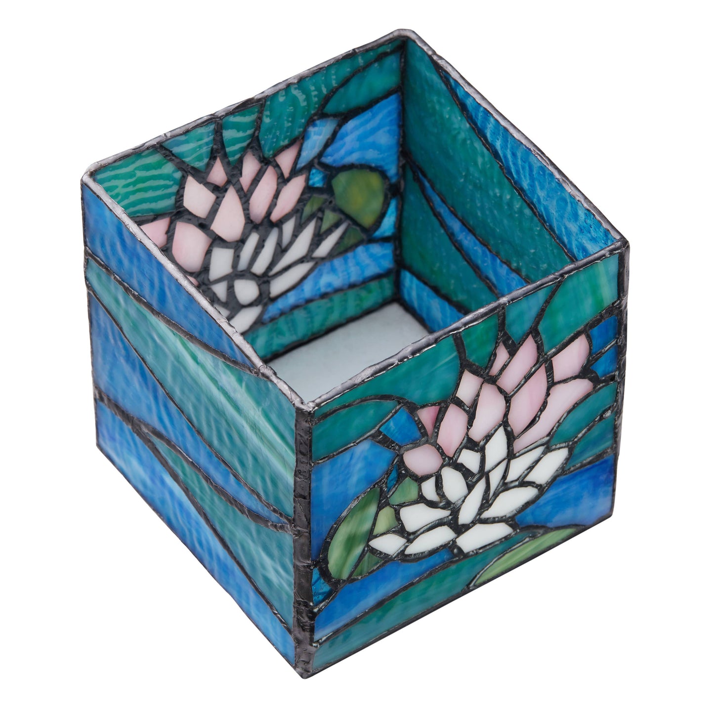 4.75"W Blue Lotus Pond Stained Glass Candle Holder