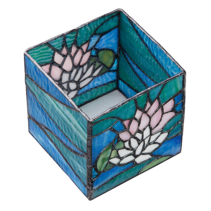 4.75"W Blue Lotus Pond Stained Glass Candle Holder