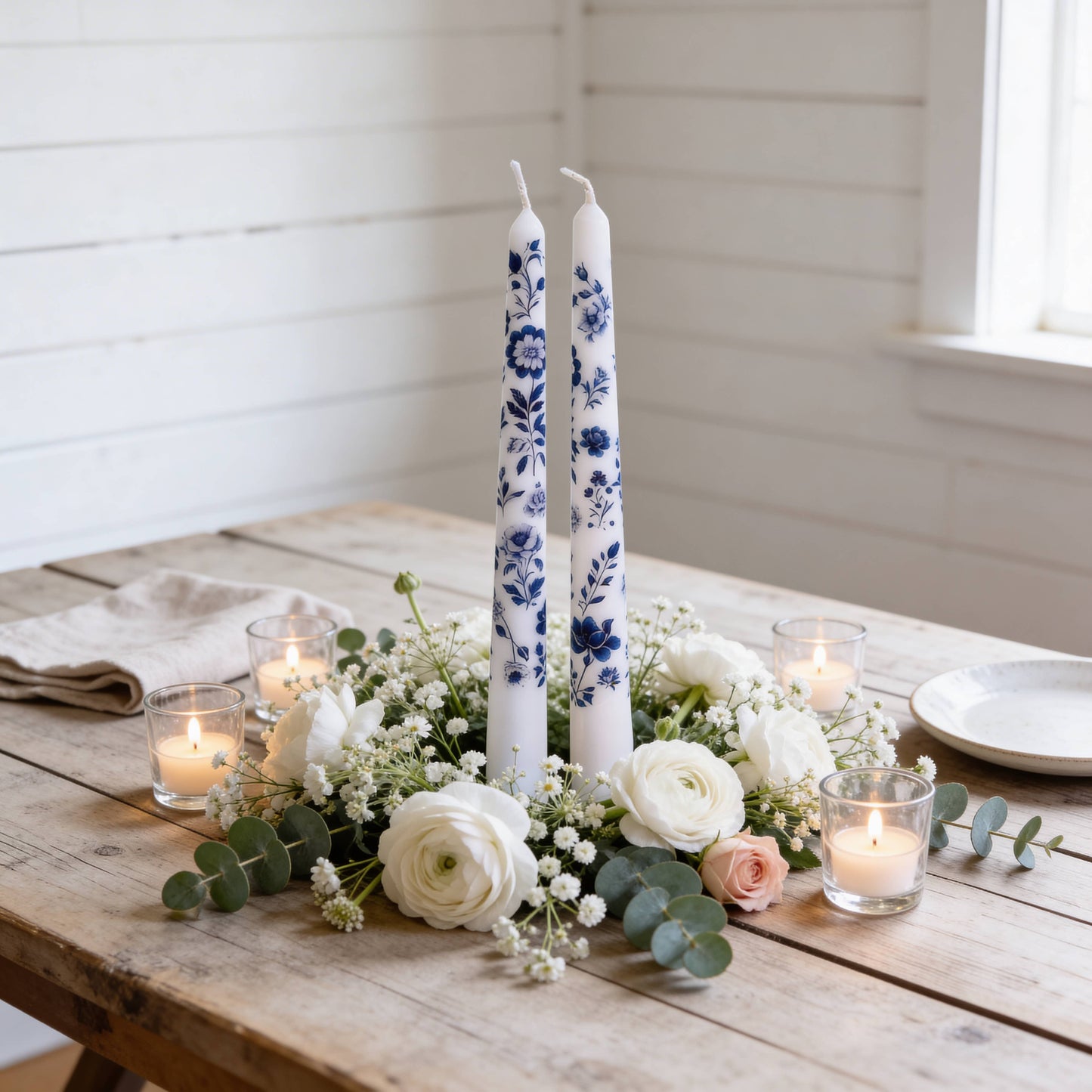 Blue Floral Chinoiserie Taper Candles for Decor and Gifts