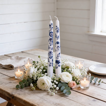 Blue Floral Chinoiserie Taper Candles for Decor and Gifts