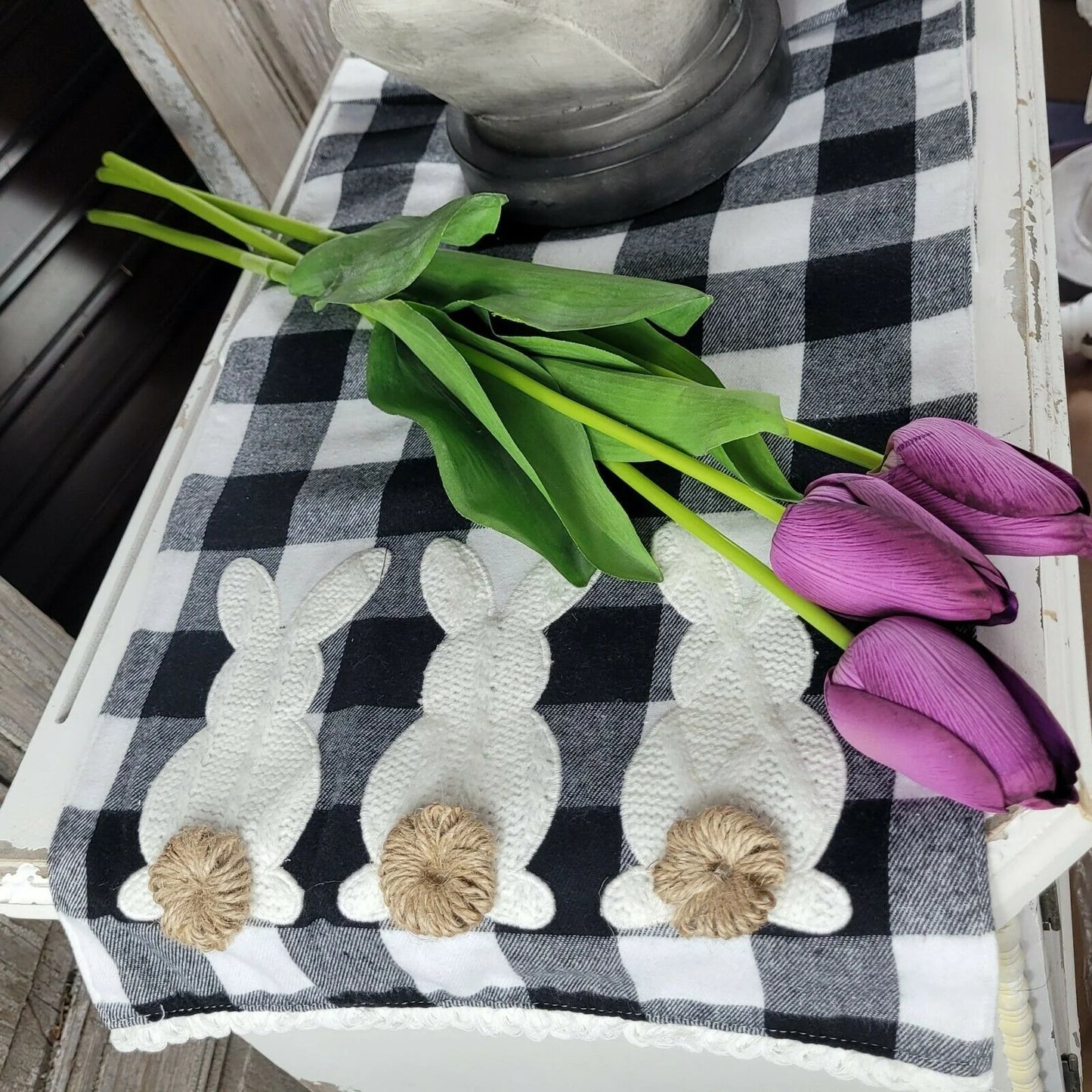 72 Inch Black & White Check 3 Bunnies w/Pom Pom Tails Table Runner