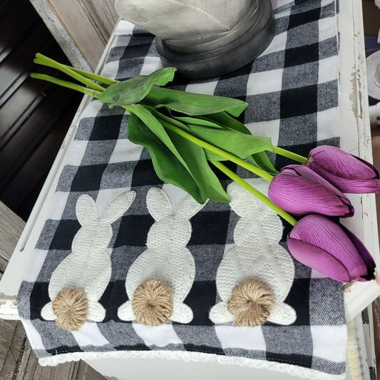 72 Inch Black & White Check 3 Bunnies w/Pom Pom Tails Table Runner