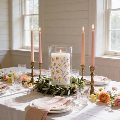 Spring Floral Pillar Candle for Tablescapes, Gifts and Decor