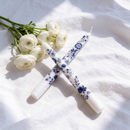 Blue Floral Chinoiserie Taper Candles for Decor and Gifts