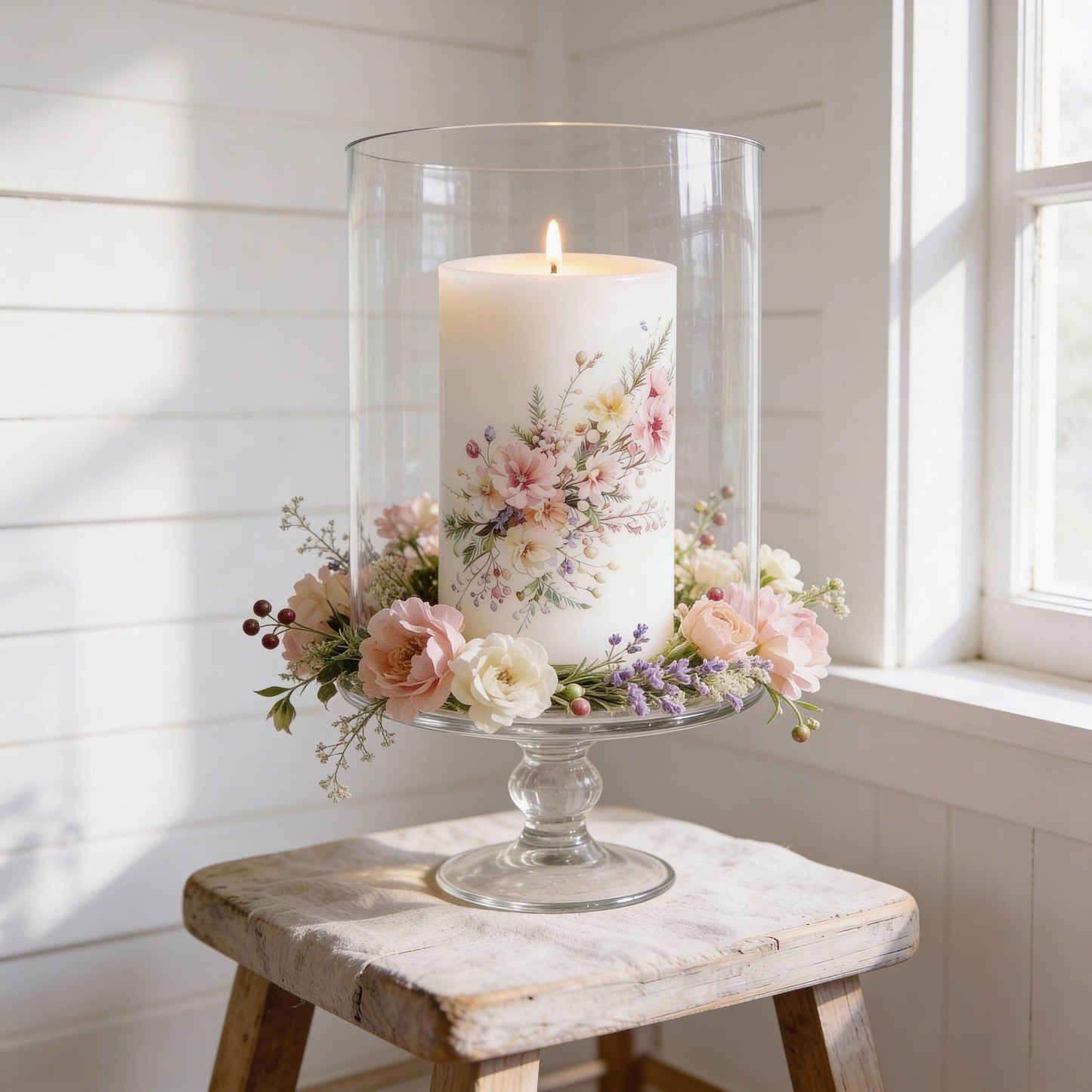 Blush Wildflower Floral Pillar Candle for Decor and Gifts