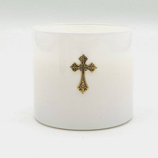 VANILLA BEAN 2 WICK CANDLE-BLUE GLASS WITH SILVER CROSS