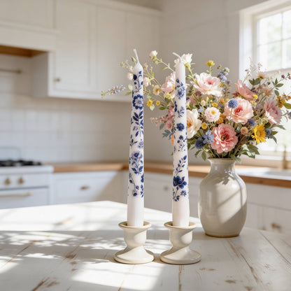 Blue Floral Chinoiserie Taper Candles for Decor and Gifts