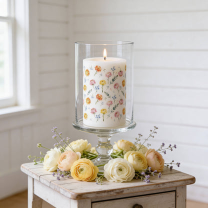 Spring Floral Pillar Candle for Tablescapes, Gifts and Decor