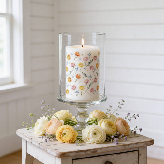 Spring Floral Pillar Candle for Tablescapes, Gifts and Decor