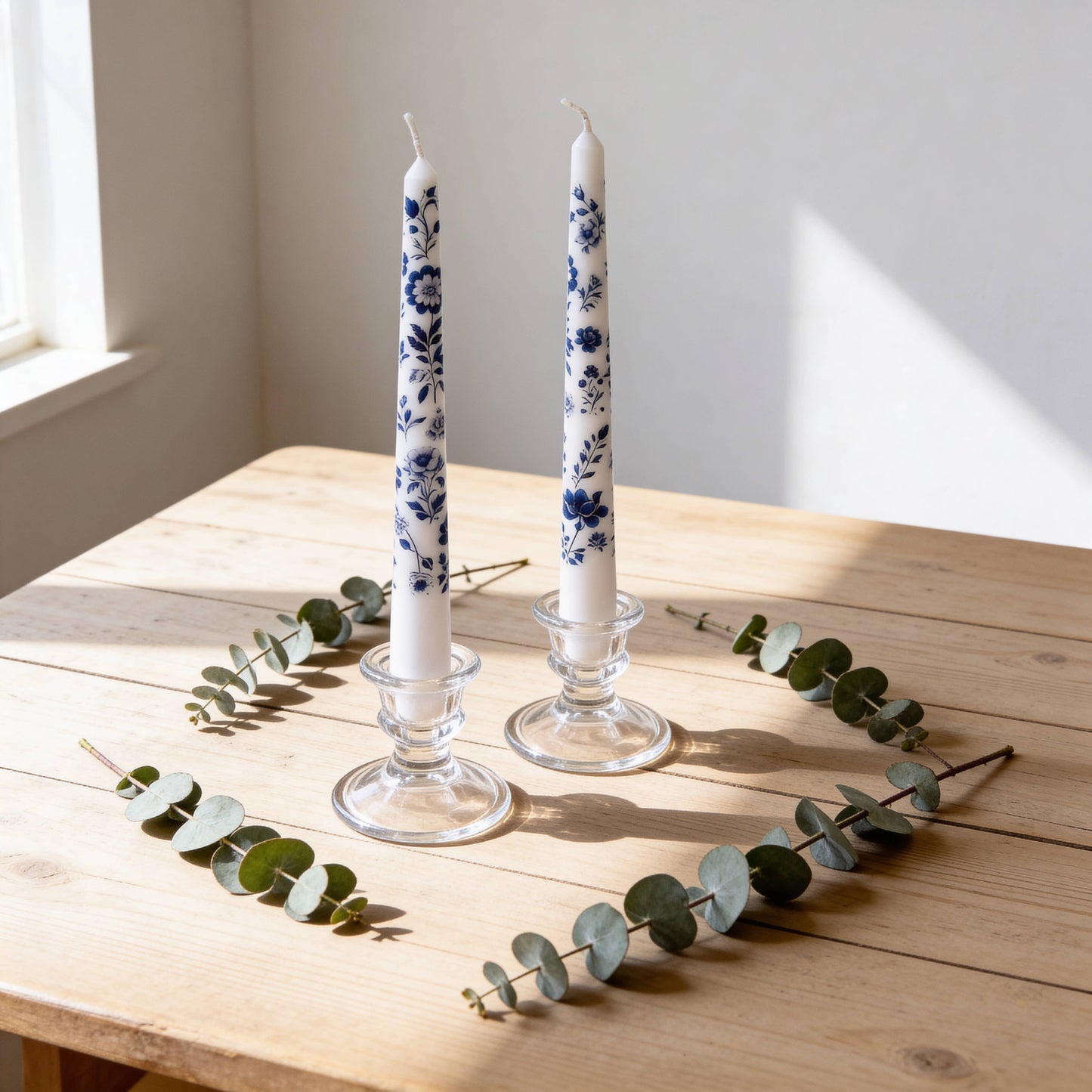 Blue Floral Chinoiserie Taper Candles for Decor and Gifts