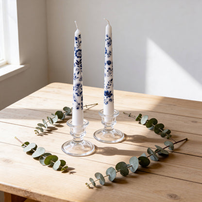 Blue Floral Chinoiserie Taper Candles for Decor and Gifts