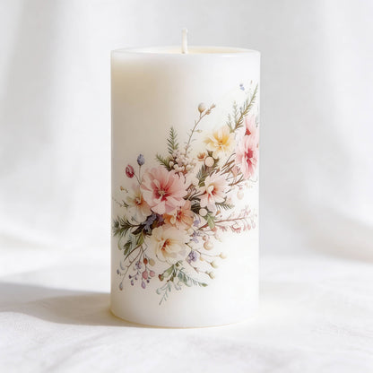 Blush Wildflower Floral Pillar Candle for Decor and Gifts