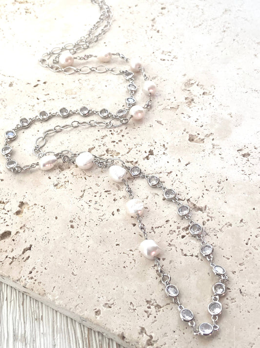 Long Swarovski crystal pearl necklace wrap