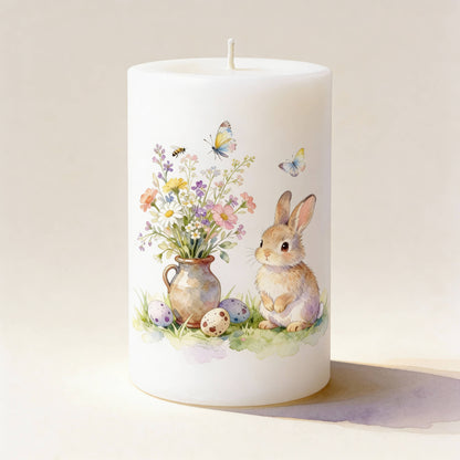 Easter Bunny and Wildflowers Decorative Pillar Candle