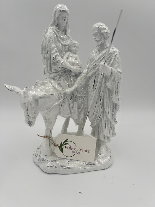 White Glittered Joseph w/Mary Riding Donkey Nativity