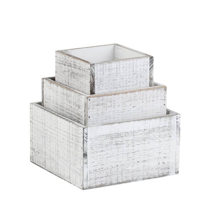Set of 3 Planters Whitewash Wooden Boxes