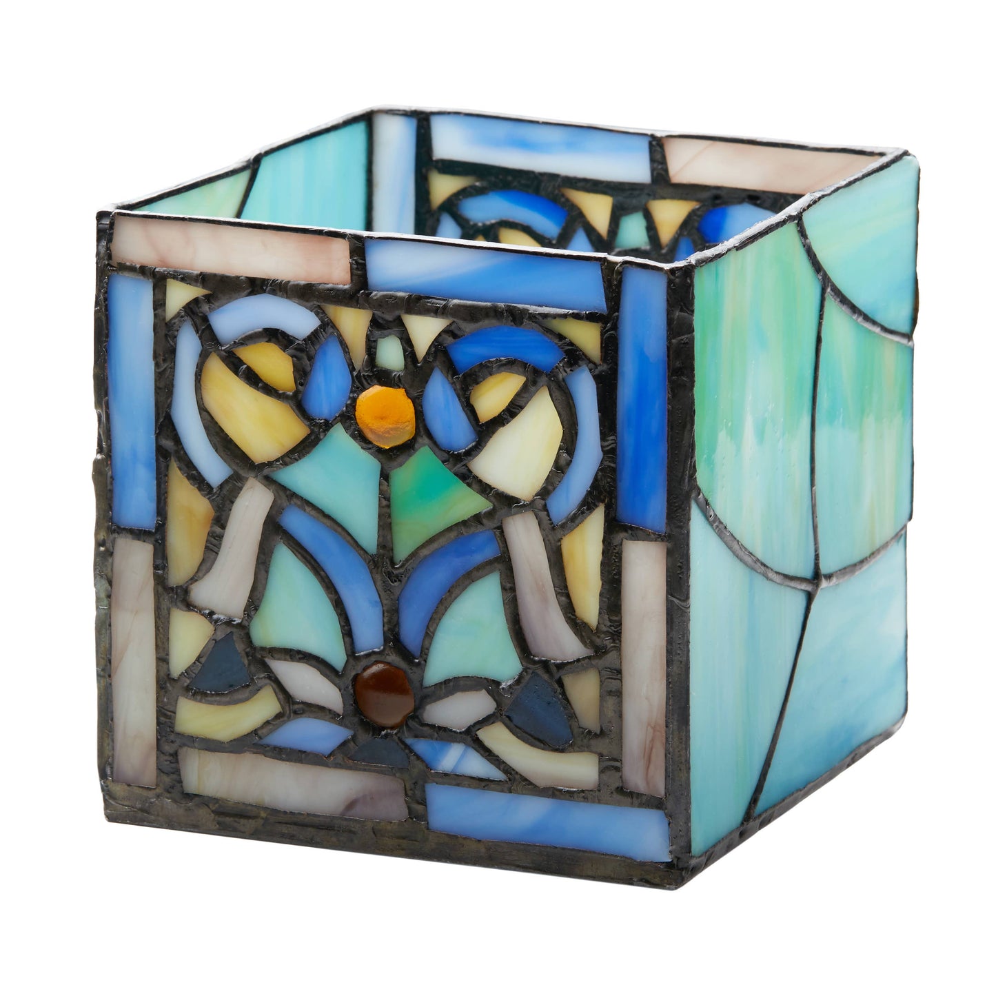 4.75"H Ilsa Blue Flourishes Stained Glass Candle Holder