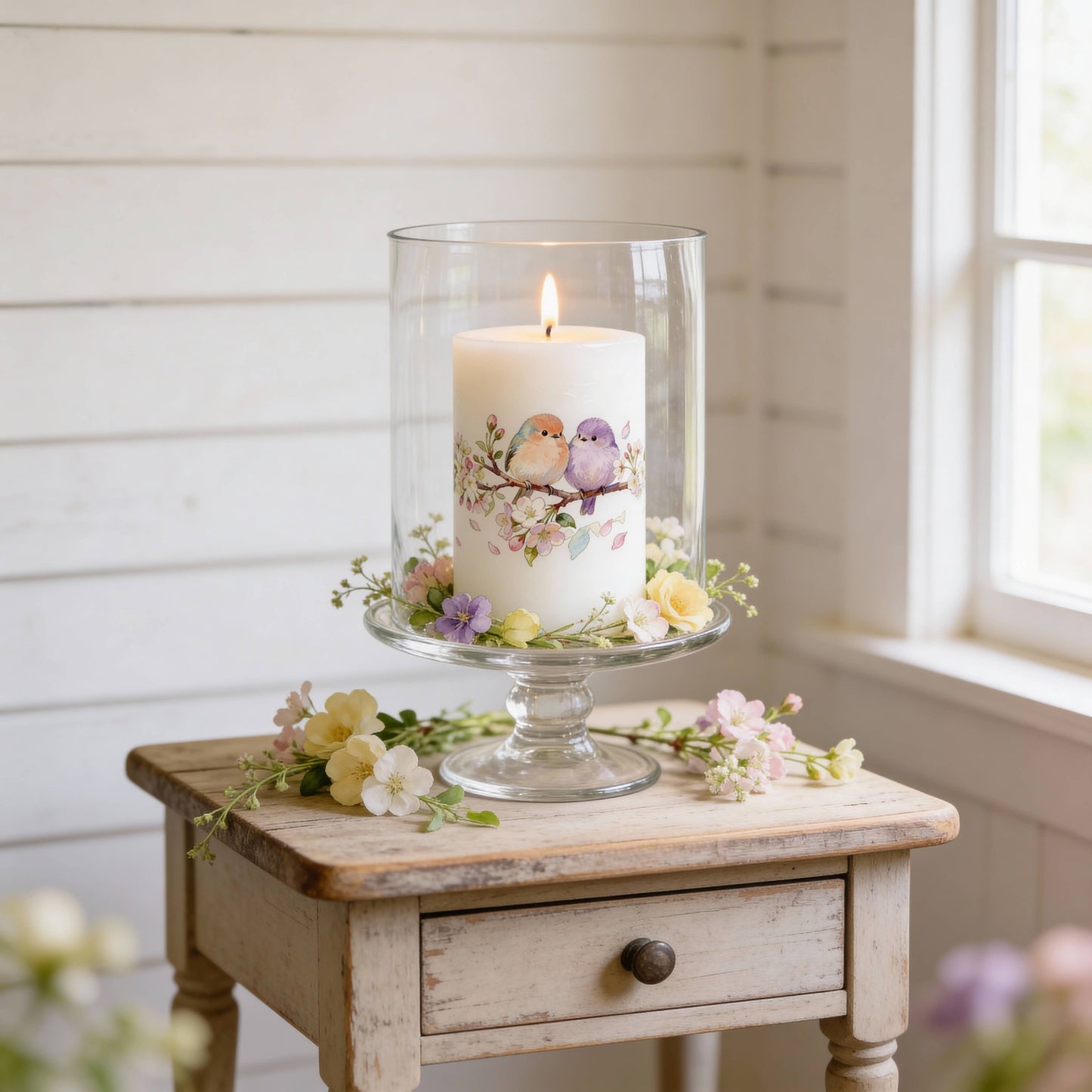 Bird and Flowers Decorative Pillar Candle for Spring, Easter