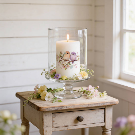 Bird and Flowers Decorative Pillar Candle for Spring, Easter