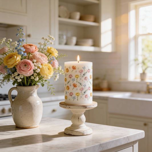 Spring Floral Pillar Candle for Tablescapes, Gifts and Decor