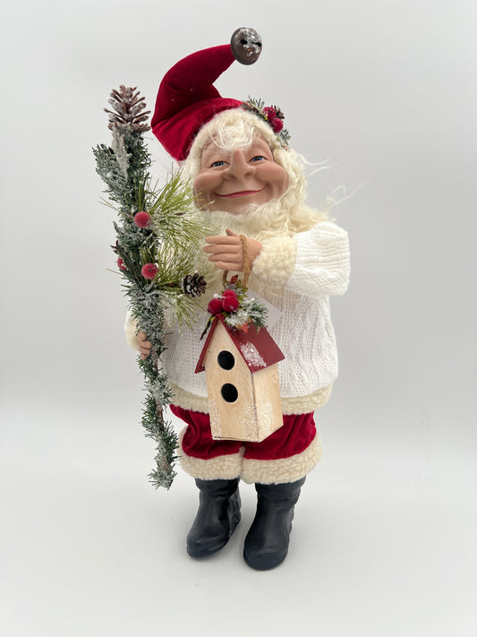 21" Santa w/White Sweater & Red Pants Holding Birdhouse