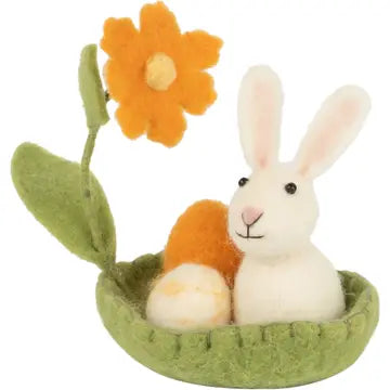 Felt Bunny Table Piece, White in Felt Green Basket