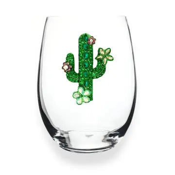 Cactus With Blooms Jeweled Stemless Wine Glass