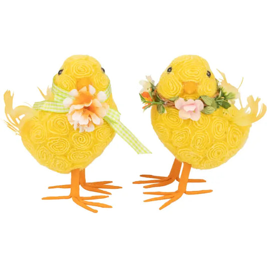 Asst'd Yellow Chicks, Woven Floral Pattern W/Flower Trim, Stand