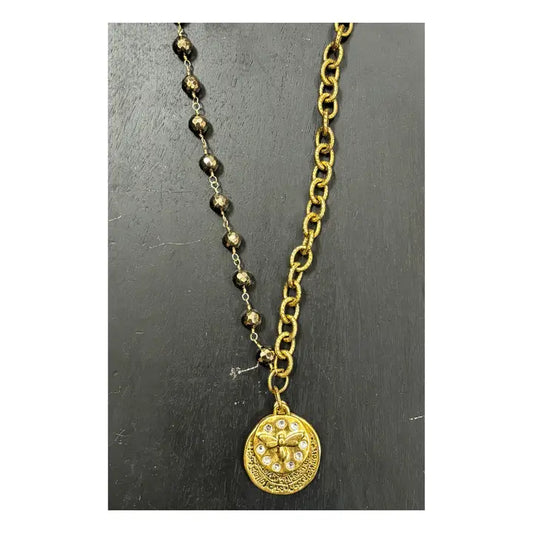 24" Antique Gold Chain and Pyrite Necklace with Pave' Antique Gold