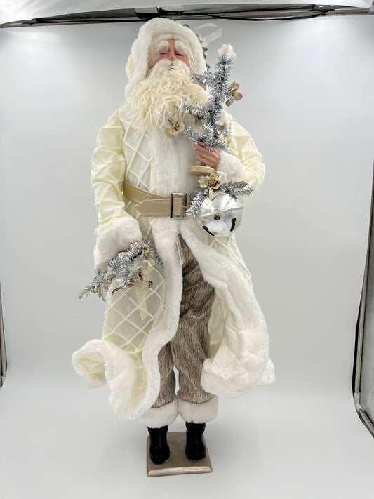 Santa in White Coat Holding Wreath and Bells-36"