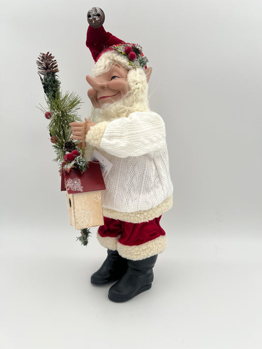 21" Santa w/White Sweater & Red Pants Holding Birdhouse