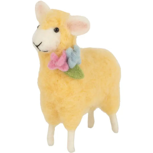 Felt Sheep Table Piece Yellow with Pink Flower Lapel