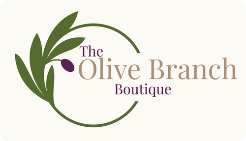 Logo of The Olive Branch Boutique with green leaves and a purple berry on a white background