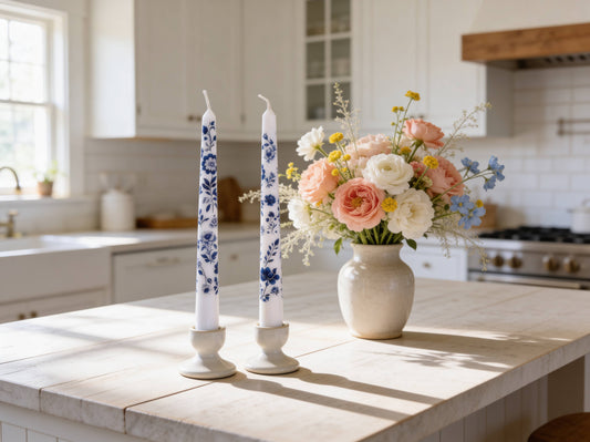 Blue Floral Chinoiserie Taper Candles for Decor and Gifts