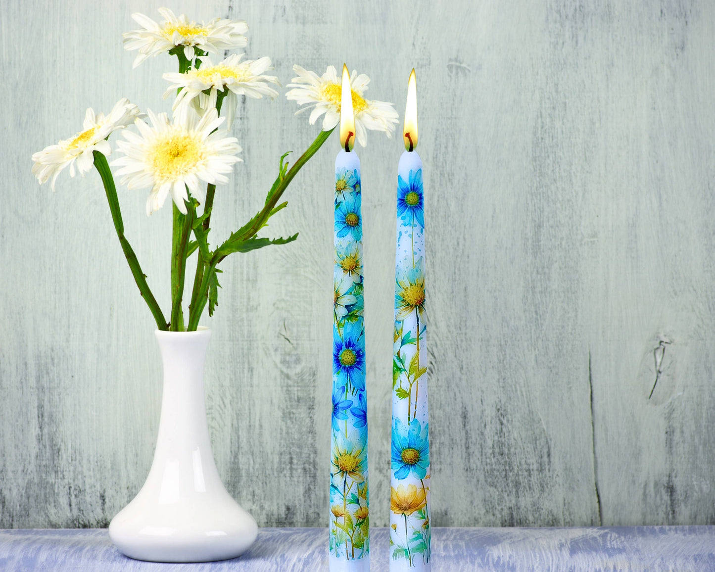 Blue Daisy Taper Candle Home Decor and Gift