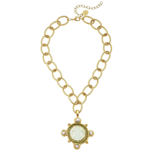 Susan Shaw - Clear Venetian Glass Fleur De Lis Intaglio and Genuine Freshwater Pearls on Chain Necklace