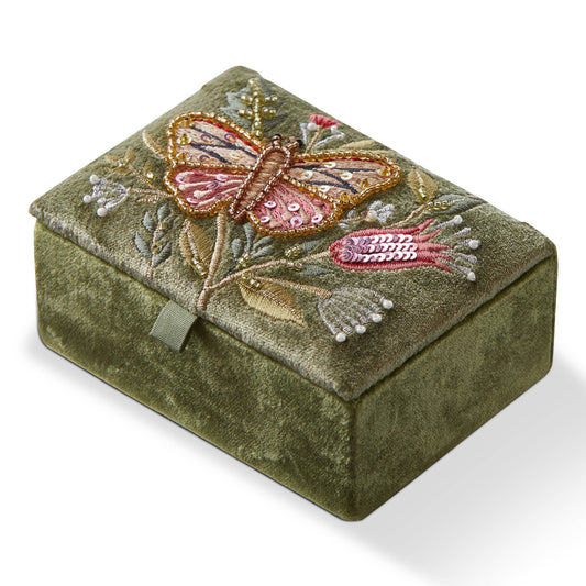 Butterfly Embroidered Rectangle Box Green Velvet Fabric