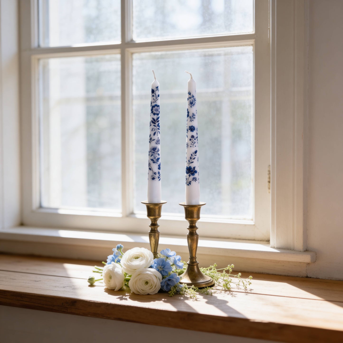 Blue Floral Chinoiserie Taper Candles for Decor and Gifts