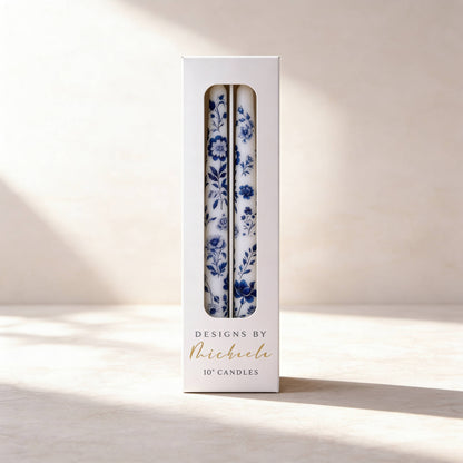 Blue Floral Chinoiserie Taper Candles for Decor and Gifts