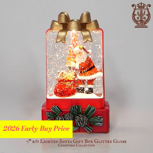 7" Lighted Santa Gift Box Glitter Snow Globe, Musical