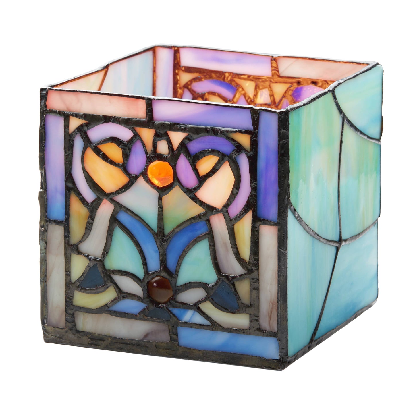 4.75"H Ilsa Blue Flourishes Stained Glass Candle Holder