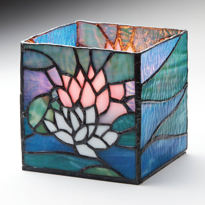 4.75"W Blue Lotus Pond Stained Glass Candle Holder