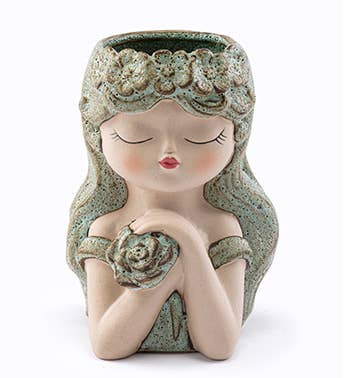 Planter, Girl w/ Crossed Arms Holding Flower