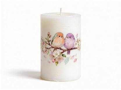 Bird and Flowers Decorative Pillar Candle for Spring, Easter