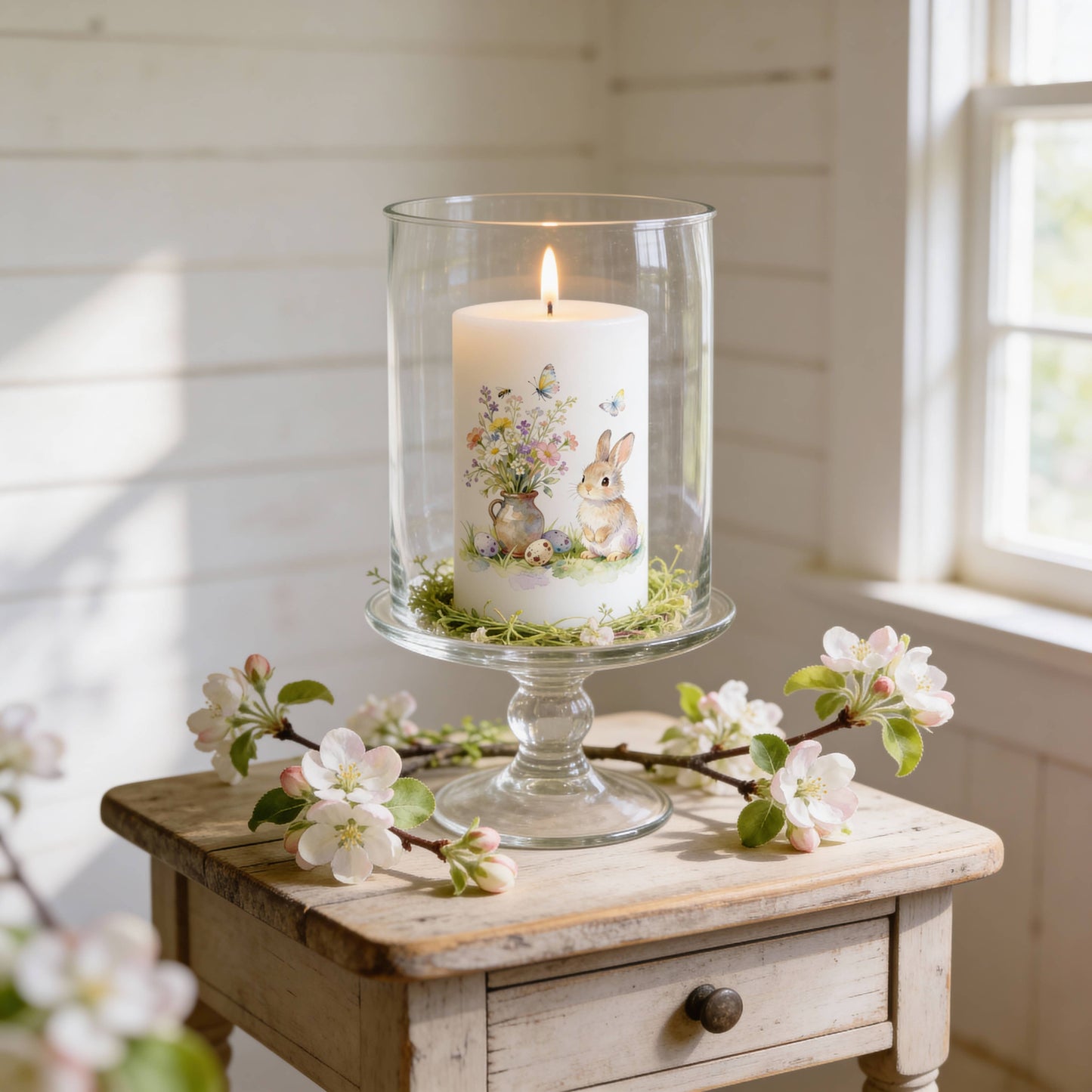 Easter Bunny and Wildflowers Decorative Pillar Candle