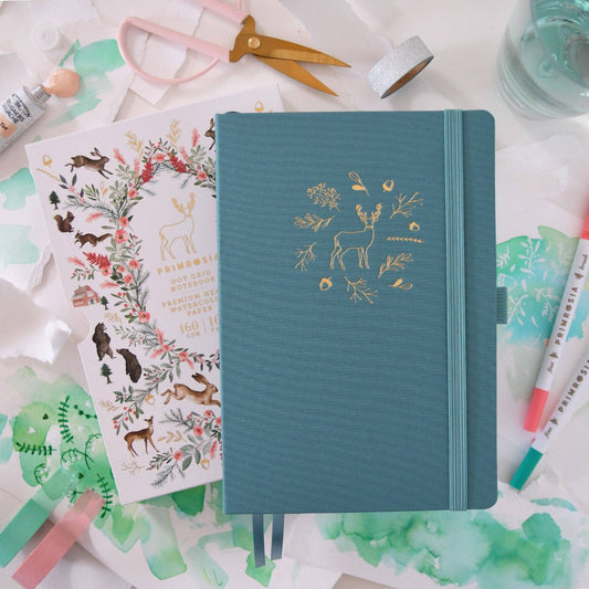 'Deer' Woodlands Teal – Cuaderno A5 con cuadrícula de puntos en acuarela