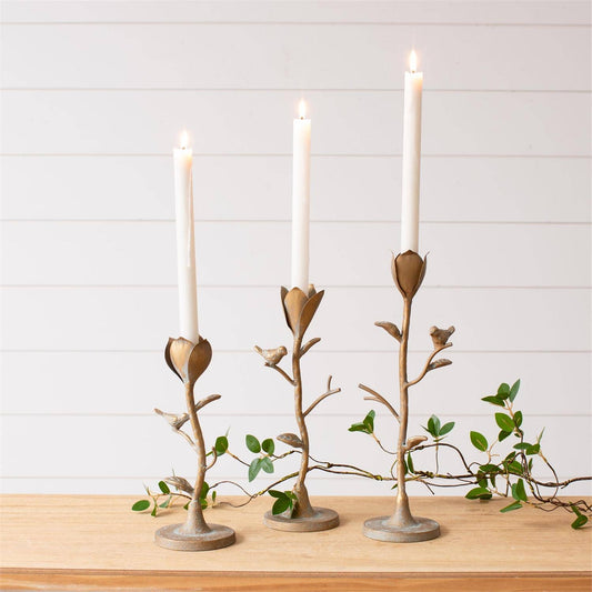 Candle Holder Flower Stems With Birds (Set Of 3)