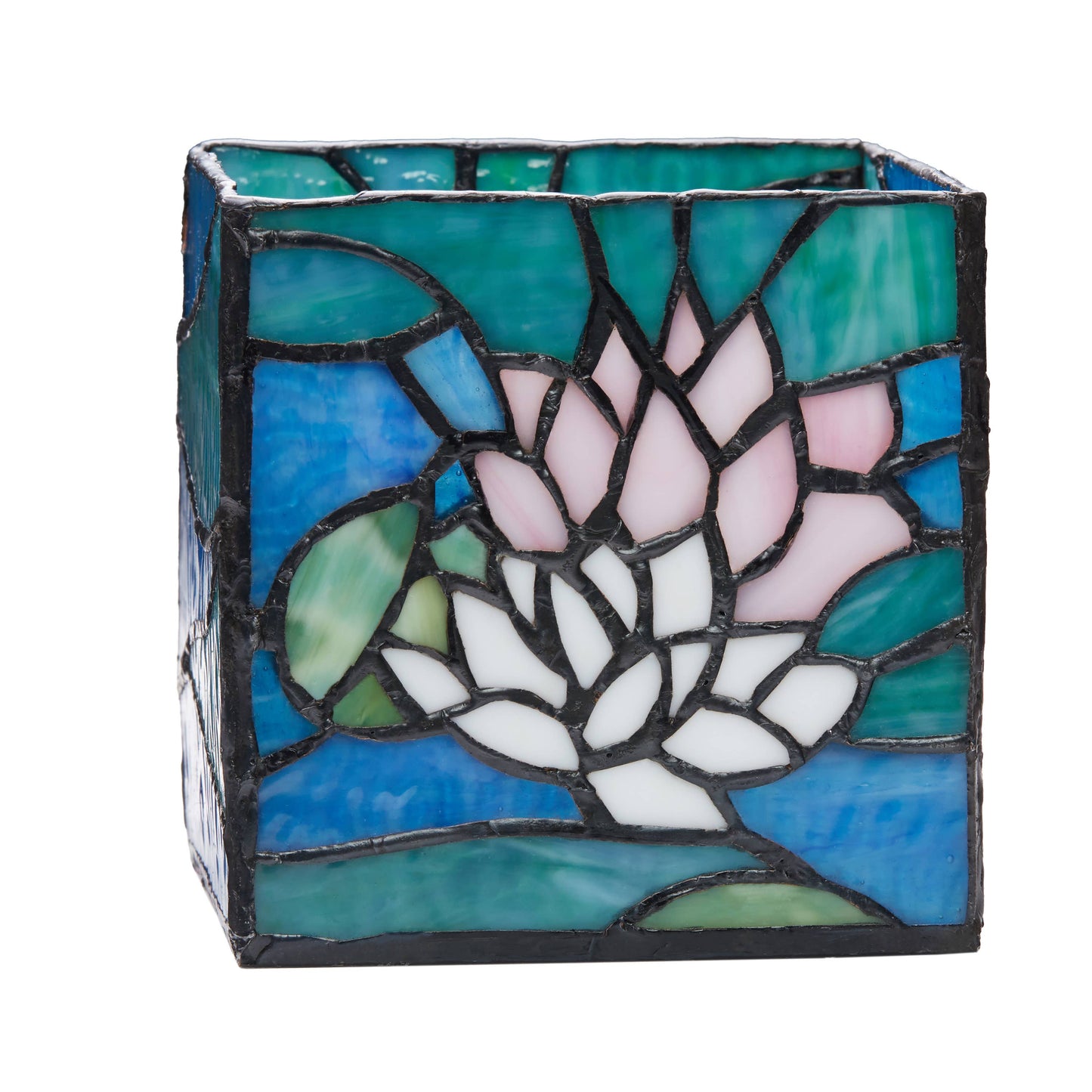 4.75"W Blue Lotus Pond Stained Glass Candle Holder