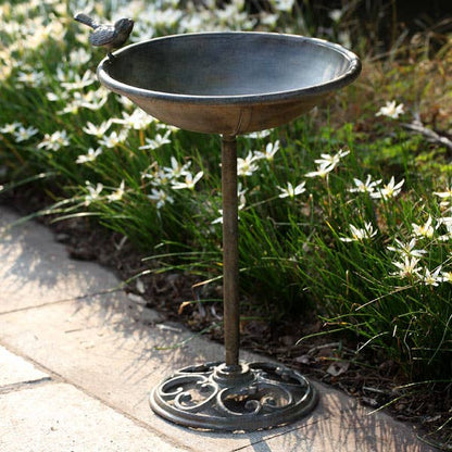 Antique-Style Metal Birdbath with Bird Accent
