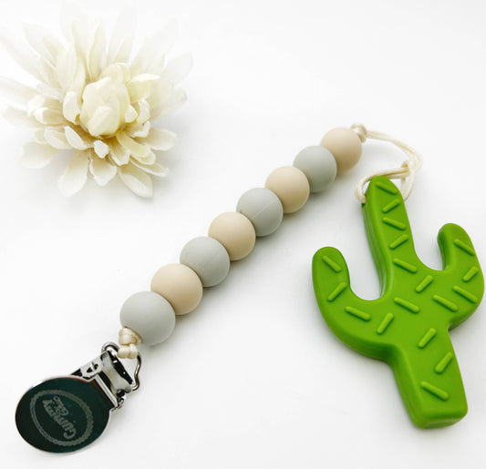 Green Cactus Silicone Teether with Detachable Pacifier Clip